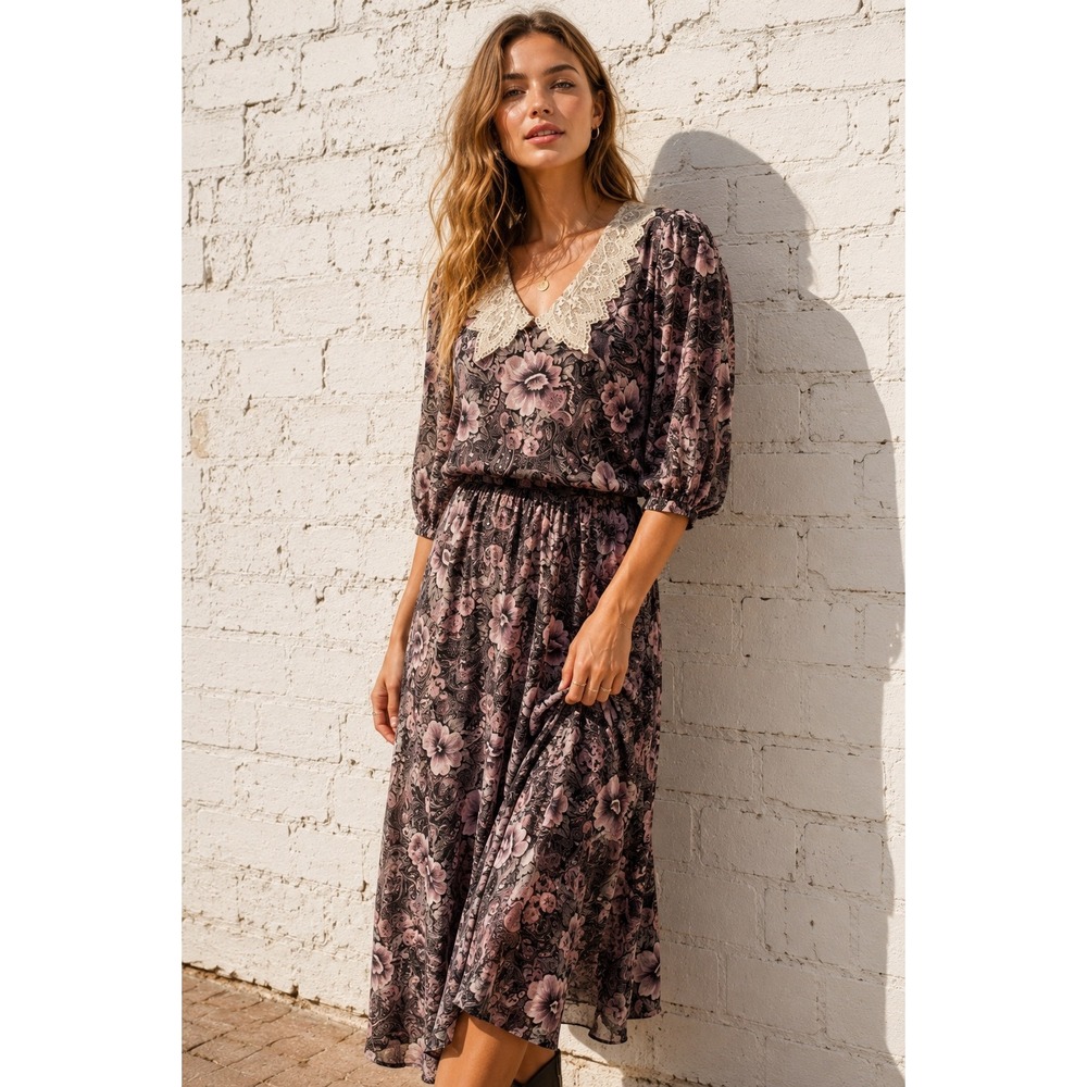 Vintage Floral Lace‎ Collar Midi Dress Purple Rose Print Cottagecore 16P